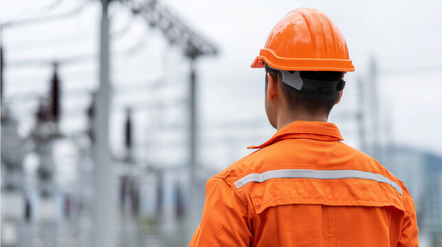 Faceless engineer working at high voltage power substation, heavily defocused electrical infrastructure background, anonymous professional performing inspection and check, ensuring