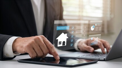 Businessman using a tablet and laptop, holographic house icon with "PROPERTY TAX" label, digital checklist and financial charts floating in air, real estate management, smart housing data, fintech int
