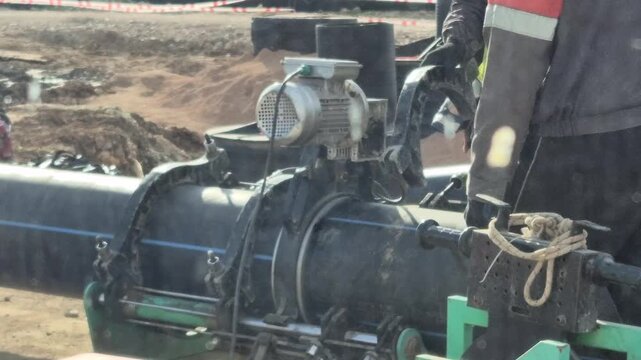 Pipe welding construction crew operating hydraulic fusing machine connecting large diameter plastic water pipelines outdoors.