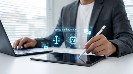 Businessman using stylus on tablet, glowing blue interface displaying "AI Ethics and Regulation", icons of legal scales and computer chip, artificial intelligence governance, responsible tech complian