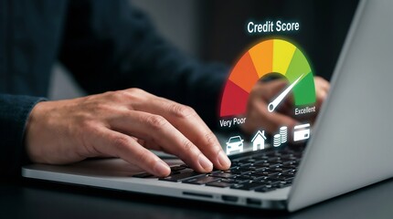 Hands typing on laptop keyboard, glowing colorful speedometer gauge showing "Excellent" credit score, icons of house, car and coins, financial health assessment, loan approval concept, digital banking