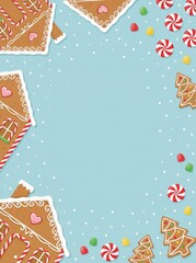Vertical illustration frame of gingerbread houses and candy border on blue background