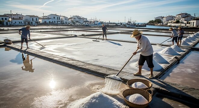 Salt farmers harvesting salt in Ninh Hoa, Vietnam.