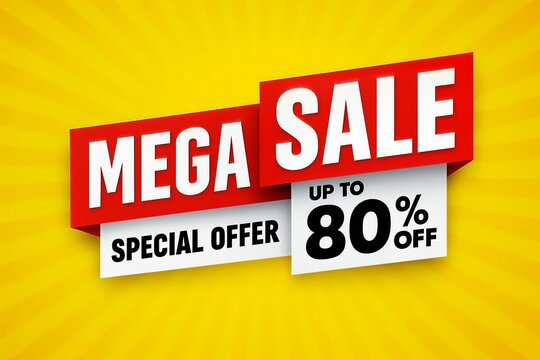 Vibrant yellow background mega sale special offer up to 80 percent off banner