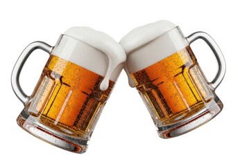 Two frosted glass mugs filled with golden amber liquid and thick white foam clink together in a celebratory toast