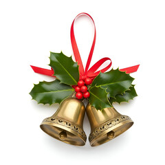 Golden Christmas bells with holly leaves