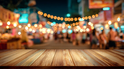 Warm glowing lights illuminate a bustling night market scene bokeh string lights