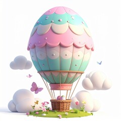 Colorful whimsical hot air balloon surrounded by clouds and flowers in a playful setting