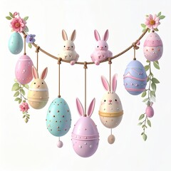Colorful decorative Easter eggs and cute bunnies hanging with flowers on a rope for celebration
