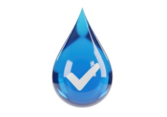 Three dimensional clear blue liquid drop features a white confirmation symbol inside