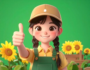 Animated girl wearing gardening attire gives a thumbs up. Sunflowers and a wooden fence are in the background