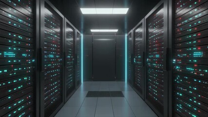 Rows of server racks in a modern data center with flashing led lights. Digital information technology and telecommunication network for cloud computing and big data storage - Powered by Adobe