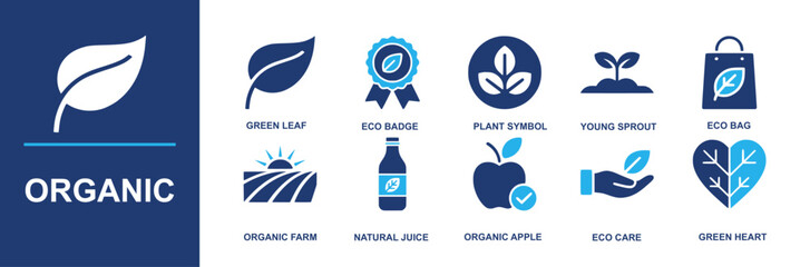 Organic icon set. Containing green leaf, eco badge, plant symbol, young sprout, eco bag, organic farm, natural juice, organic apple, eco care, green heart and more. Solid vector icons