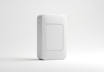 Rectangular electronic device casing mockup stands against a bright, minimal backdrop