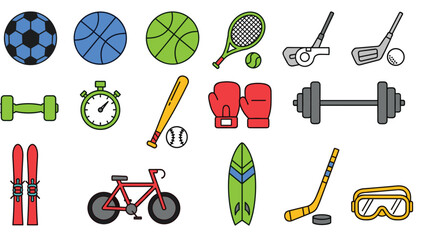 Vibrant sports equipment icons for fitness and recreation activities, Generative AI.
