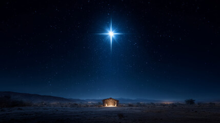 Nativity scene star desert night sky, blue star shines above manger