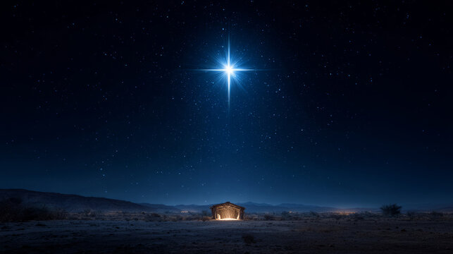 Nativity scene star desert night sky, blue star shines above manger - Powered by Adobe