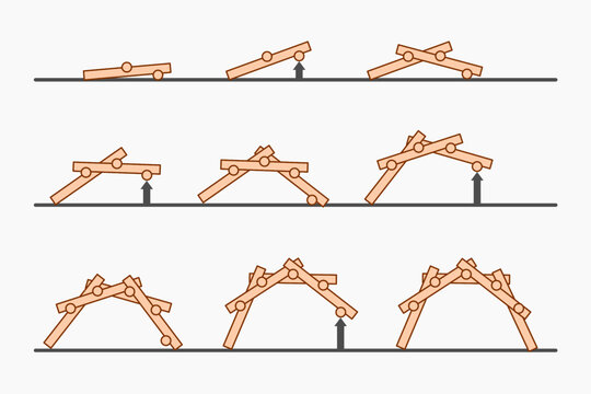 Leonardo Da Vinci self supporting bridge construction diagram. Educational engineering diagram explaining structural balance, force distribution, and historical architectural innovation. Vector. 