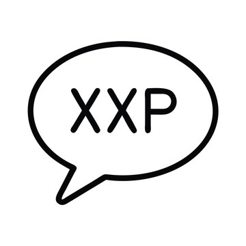 Simple line art icon of a speech bubble with XXP text, representing communication.