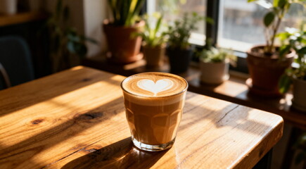 Obraz premium A cup of latte with heart shape foam in a cozy indoor setting