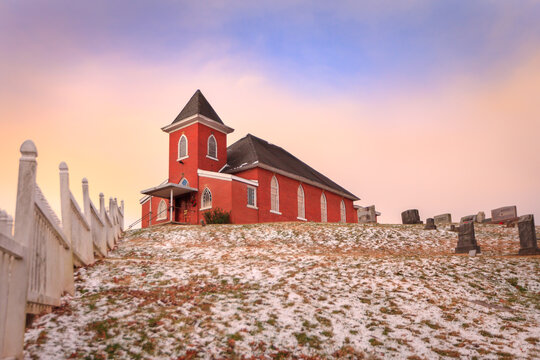 red brick country church on the hill