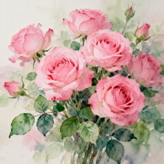 Fototapeta premium Watercolor Pink Roses Bouquet in Vase