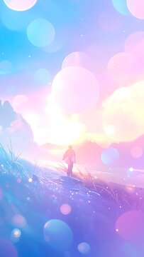 Person walking on pastel hillside amidst bokeh lights