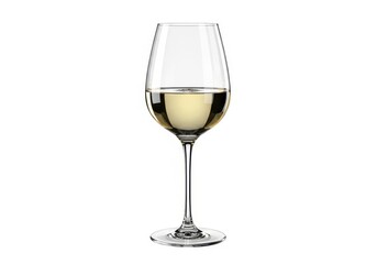 Elegant crystal glass filled with pale yellow beverage stands isolated on white background