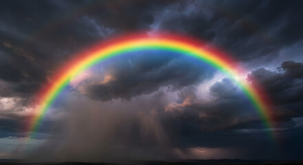 Spectacular rainbow arching across a dramatic stormy sky with dark clouds and vibrant colors © Gambar