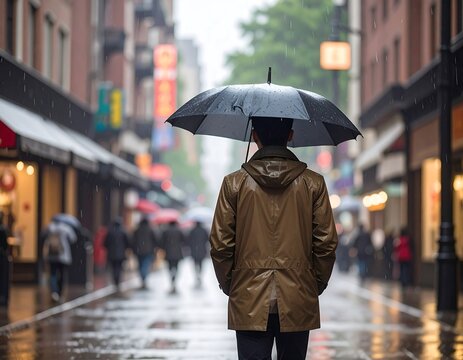 Person walking down a rainy city street holding an umbrella, viewed from behind