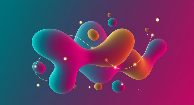 Abstract fluid shapes with vibrant gradient background, dynamic liquid blobs in motion, modern 3d rendering of organic forms and particles, futuristic digital art concept