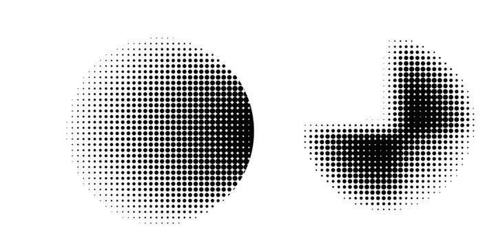 Collection of halftone circle frames dotted background. The round border icon uses a halftone random circle dot raster texture. Grunge circular stains eps 10