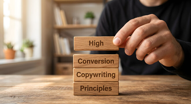 Close-up of a person stacking wooden blocks with words High Conversion Copywriting Principles in a cozy home office