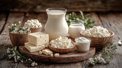 Dairy products on rustic wood; milk, cheese, yogurt, cottage cheese
