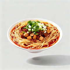 Delicious spicy noodles with tofu and garnish on top