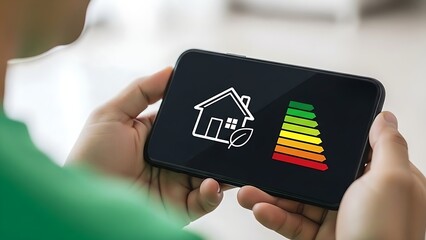 Person holding smartphone displaying energy efficiency rating for a house with a leaf icon
