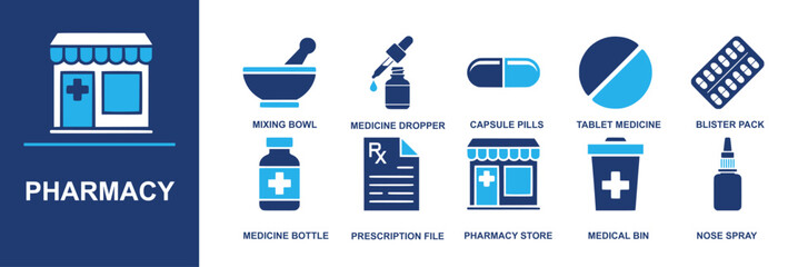 Pharmacy icon set. Containing mixing bowl, medicine dropper, capsule pills, tablet medicine, blister pack, medicine bottle, prescription file, pharmacy store, medical bin, nose spray and more. Solid v