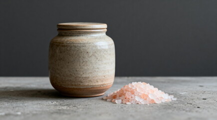 A jar with himalayan pink salt and some salt beside it