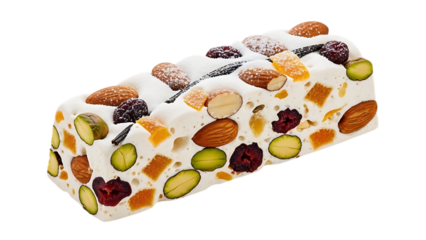 White nougat bar with almonds pistachios dried fruit and vanilla candy confection