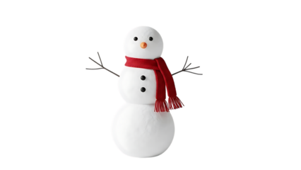 White snowman with red scarf and twig arms on black background winter