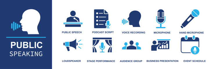 Public speaking icon set. Containing public speech, podcast script, voice recording, microphone, hand microphone, loudspeaker, stage performance, audience group, business presentation, event schedule 