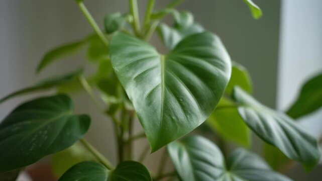 Close up of a lush green heartleaf philodendron with vibrant foliage. Indoor gardening and biophilic design for home decor. Natural light creating a calm and relaxing atmosphere