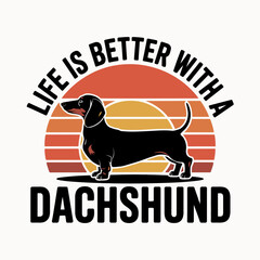 A silhouette of a dachshund is displayed against a retro sunset background.