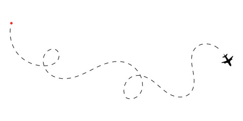 Minimalist airplane icon tracing a winding dashed flight path from an origin point to its global destination concept on white