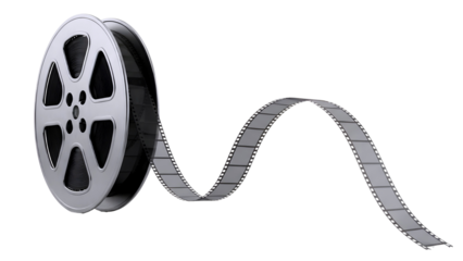 Classic film reel with unwinding strip isolated on transparent background