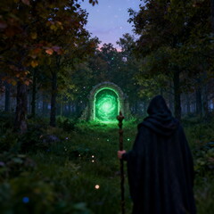 Mysterious Hooded Figure Approaching Magical Portal