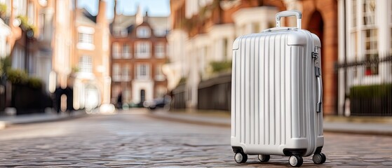 Suitcase standing on the street with blurred city buildings in the background on a sunny day, perfect for travel concepts and advertising design