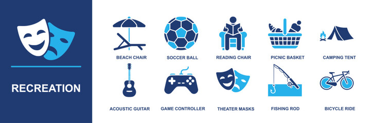 Recreation icon set. Containing beach chair, soccer ball, reading chair, picnic basket, camping tent, acoustic guitar, game controller, theater masks, fishing rod, bicycle ride and more. Solid vector 