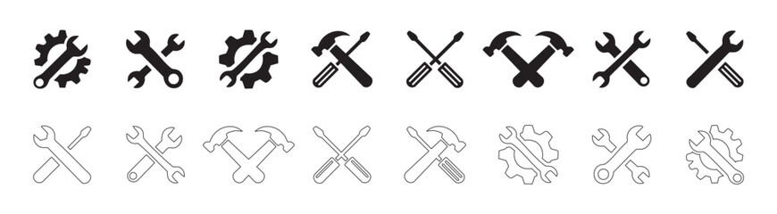 Vector of crossed tools, Work tools, repair set icons, wrench, hammer, screwdriver, pliers, and gear  repair and maintenance tool icons with wrench gear hammer and screwdriver silhouette vector.