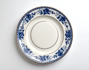 Plate with blue floral border on white surface. Simple, gold rim, central area is plain white